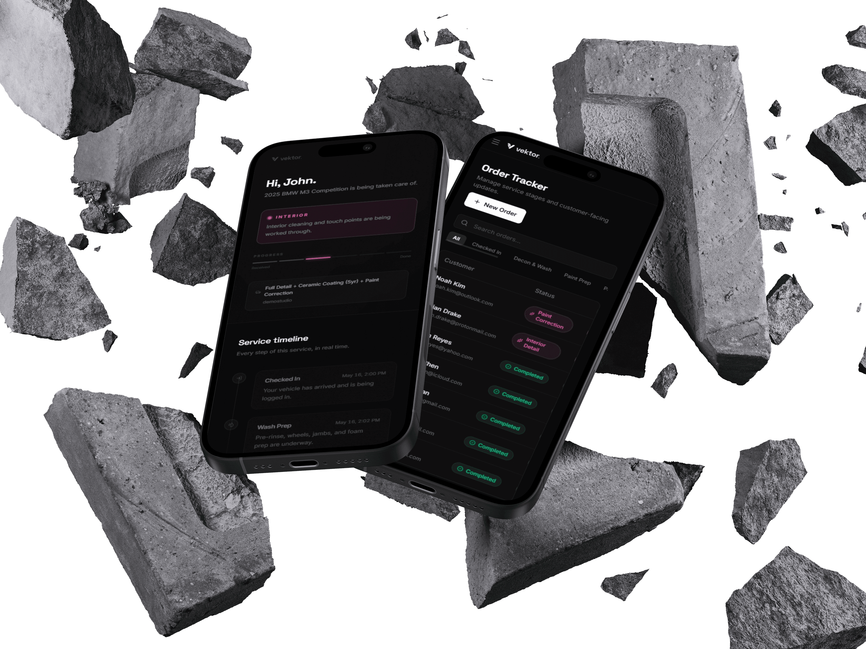Mobile client job tracker showing live detailing progress
