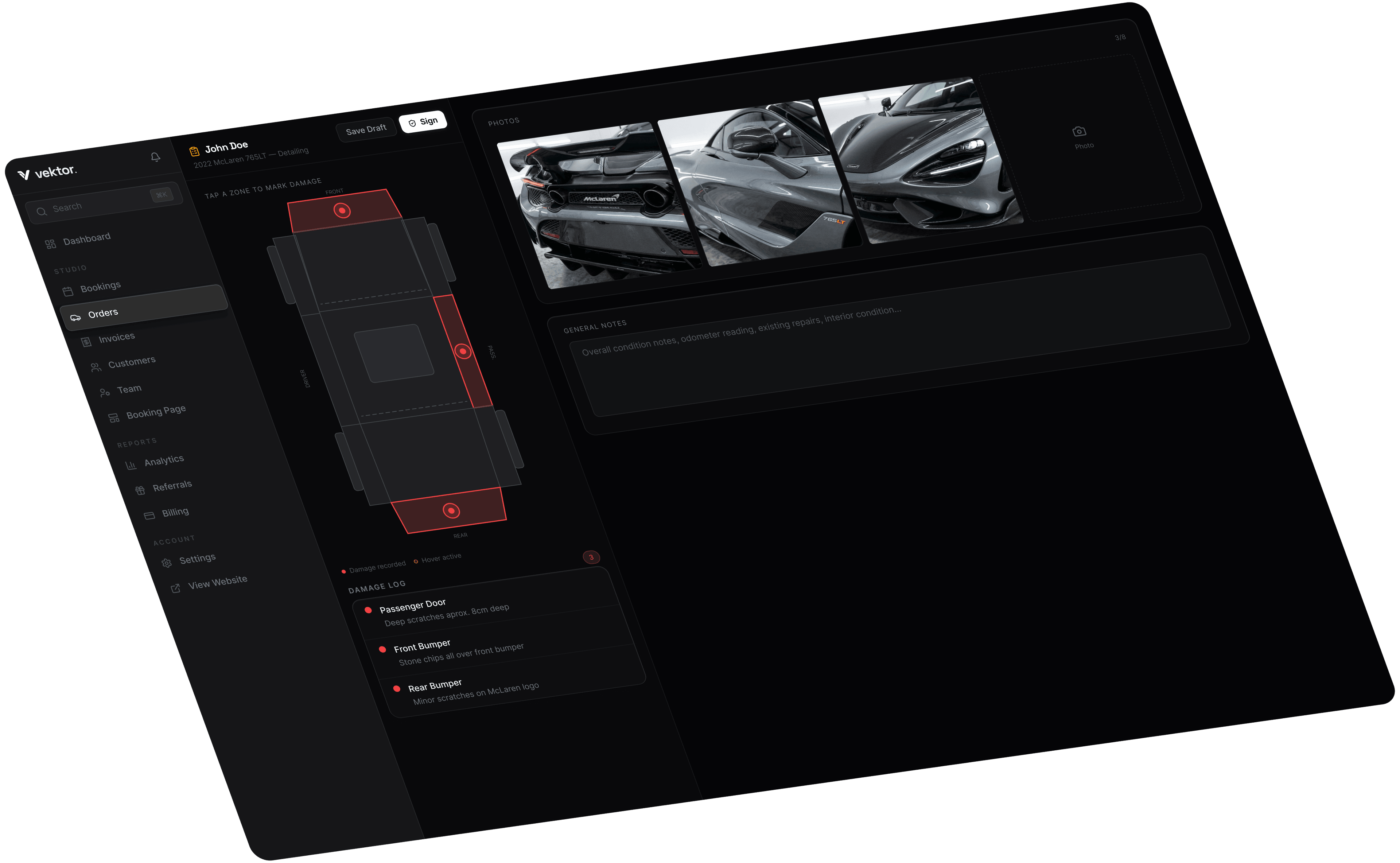 Vektor vehicle inspection interface documenting damage, photos, and condition notes
